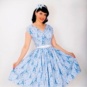 Bernie Dexter Blue Paris Poodle Dress French Pinup Style Rare Vintage Small EUC